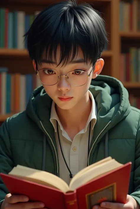  with gold-framed glasses ， Handsome Chinese men ，Cheeks are slightly thin ，About 18 years old， with a sense of youth ， have bangs like Japanese men， black hair， brown eyes， scene in the study ， holding a red book in his hand，Reading the ，