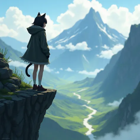 Cat girl in a jacket with a hood on the edge of a precipice in the background of the mountain and the valley front view looks slightly to the left