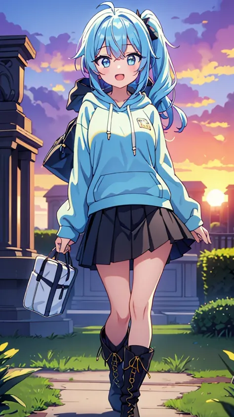 (Side Ponytail: 1.5, Big Breasts: 1.5, Two Breasts, Light Blue_Hair, Ahoge, Pastel Colored Hair, Long Hair, Wavy Hair, Curly Hair, Beautiful Detailed Eyes, Yellow_Eyes, Mascara), ((((White_hoodie, Black_pleated skirt, Black_boots)))), 1 Girl, Cute Girl, 18...