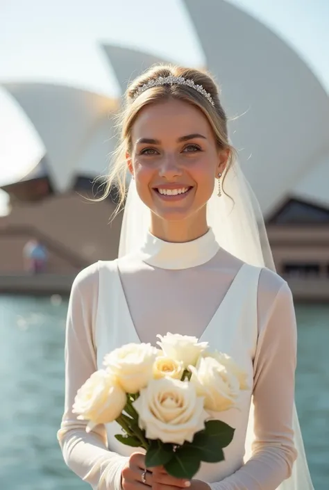 The bride stands gracefully in front of the iconic Sydney Opera House, her serene smile radiating pure joy. Her golden blonde hair is elegantly styled in a soft bun, with delicate strands framing her youthful face. A delicate wedding veil cascades behind h...