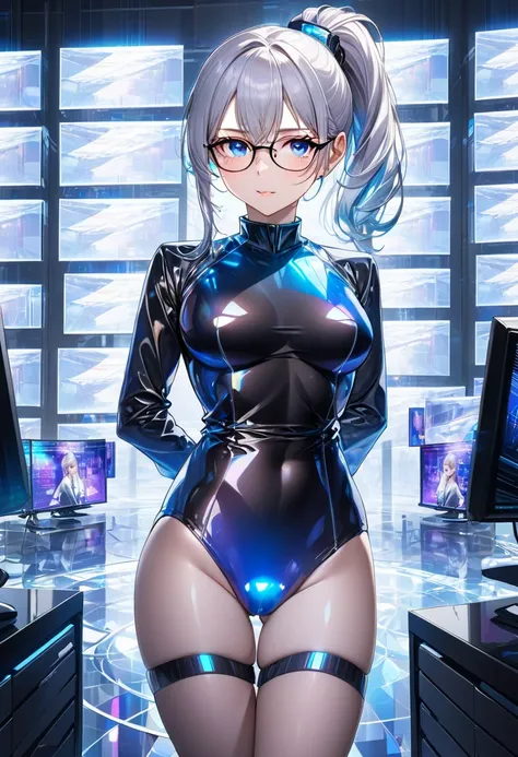 large number of computer monitors appear as holograms, huge amount of top-secret information is displayed on them, and female spy gathers information wearing tight fit semi-transparent uniform, intelligent beauty, glasses, white short ponytail, amorous and...