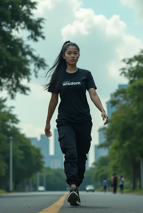 realistic, cinematic, a beautiful Indonesian woman is being chased by clouds against the background of a road in a city park. He wore a black t-shirt with the WISDOM logo, black cargo pants, and sports shoes. She had long black hair that was tied up.
