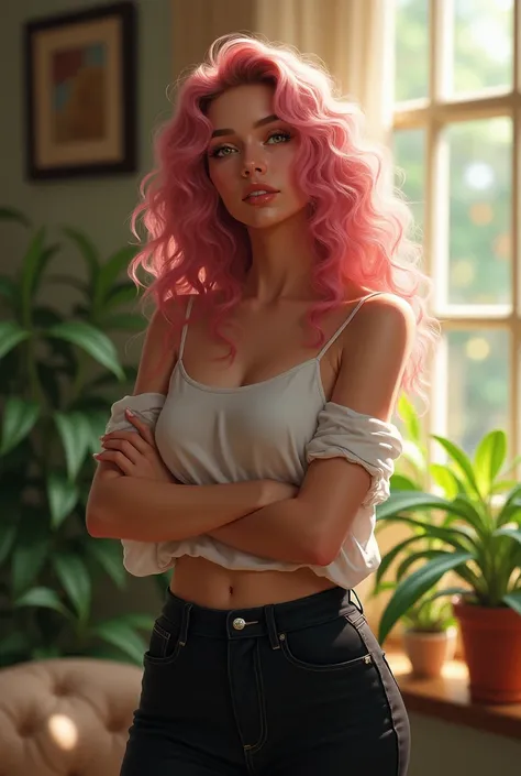 (meinaunreal:1.2), beautiful woman, standing arms crossed, wearing loose off-shoulder top, black casual pants, long  pink curly hair, indoors, soft lighting, plants in background, window with sunlight, cozy room, relaxed pose, realistic, intricate details,...