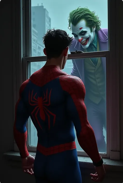 Shirtless Spider-Man watching the Joker through the window of his apartment 