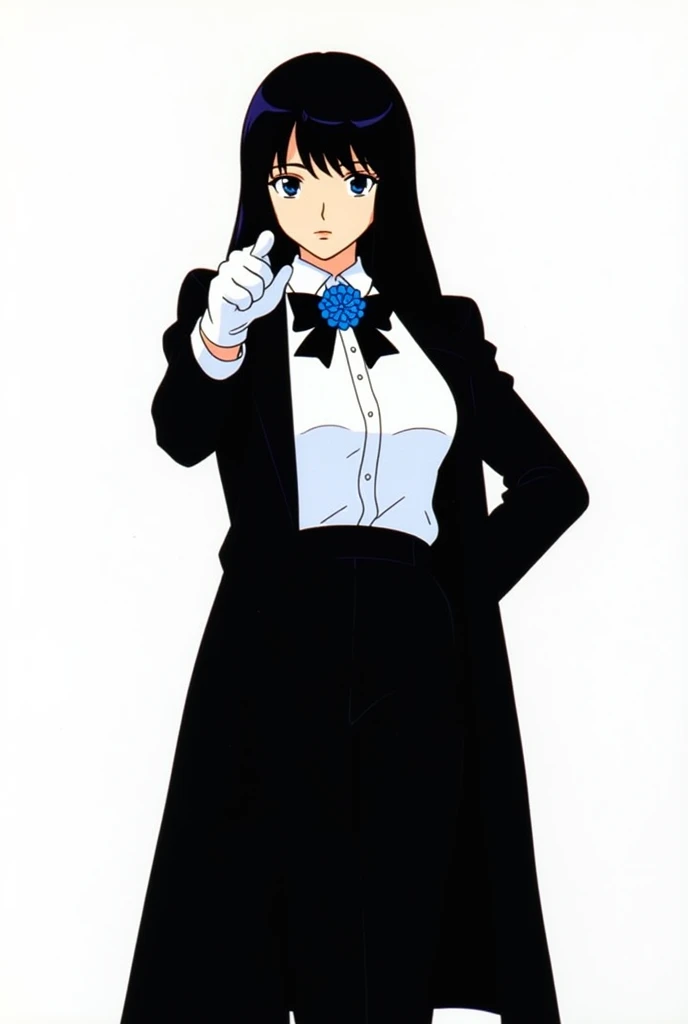 picture: 1024x1024px Realistic comic anime style :  1980. bottom: white,  pure white.  Character Design : Women. Women vestida de traje elegante. elegant. camisa blanca. black coat, black coat largo.  black pants .  Black bow on the shirt collar .  Blue GA...