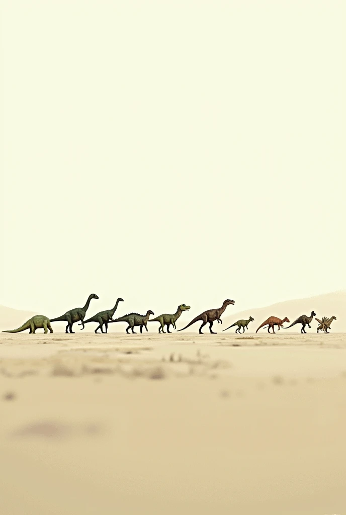 Can you create an image for me with dinosaurs of various types walking on the horizon and the background is off-white. Please 