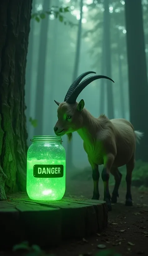 A goat curiously examining a glowing green toxic jar with a danger sign, placed on a wooden platform in a dense forest. The composition is cinematic, with photorealistic details. Eerie glowing green light reflects off the goats fur, surrounded by a misty a...