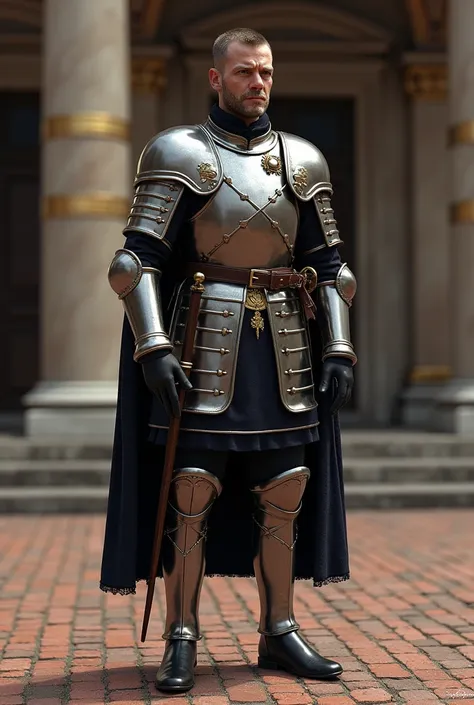  Fictional Prussian soldier wearing chest armor. Brick floor .