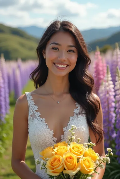 The bride from New Zealand stands radiant, a picture of youthful beauty and grace. Her face, soft and glowing, is framed by a gentle cascade of dark hair that shimmers in the sunlight. Her eyes, bright and full of joy, lock onto the camera with a sparkling...