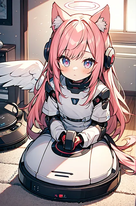 masterpiece,best quality,ultra detailed,anime illustration, 1 boy like girl, small petite  shota, pink hair,long hair,cat ears,cat tail,angel wing,halo,Sitting on top of the robot vacuum cleaner, sitting upright, seiza,  wondering face,spoken "?",