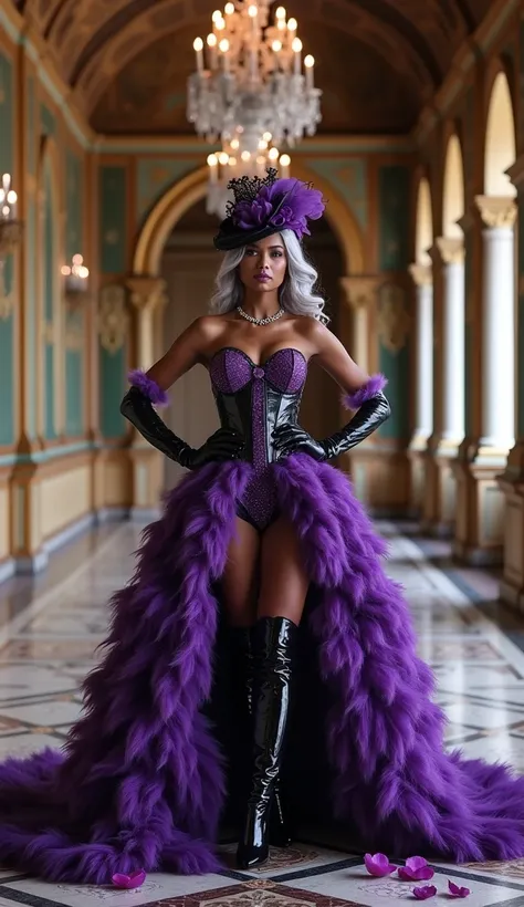  1 busty black beauty in a gorgeous purple and black dress ,Womens hair is silver and black color , real, black leopard fur is used for dresses, purple fascinator with tracery and decorative elements , full body photo、The foot of the dress is shown , putti...