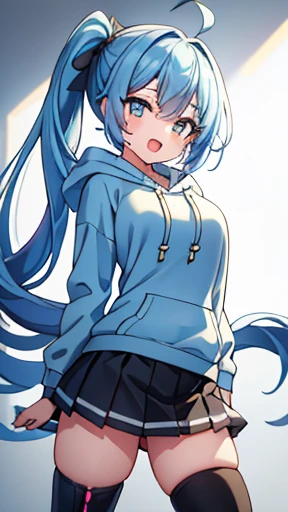 1 Girl, Cute Girl, 18 year old Girl, (Side Ponytail: 1.5, Big Breasts: 1.5, Two Breasts, Light Blue_Hair, Ahoge, Pastel Colored Hair, Long Hair, Wavy Hair, Curly Hair, Beautiful Detailed Eyes, Yellow_Eyes, Mascara), ((((White_hoodie, Black_pleated skirt, B...