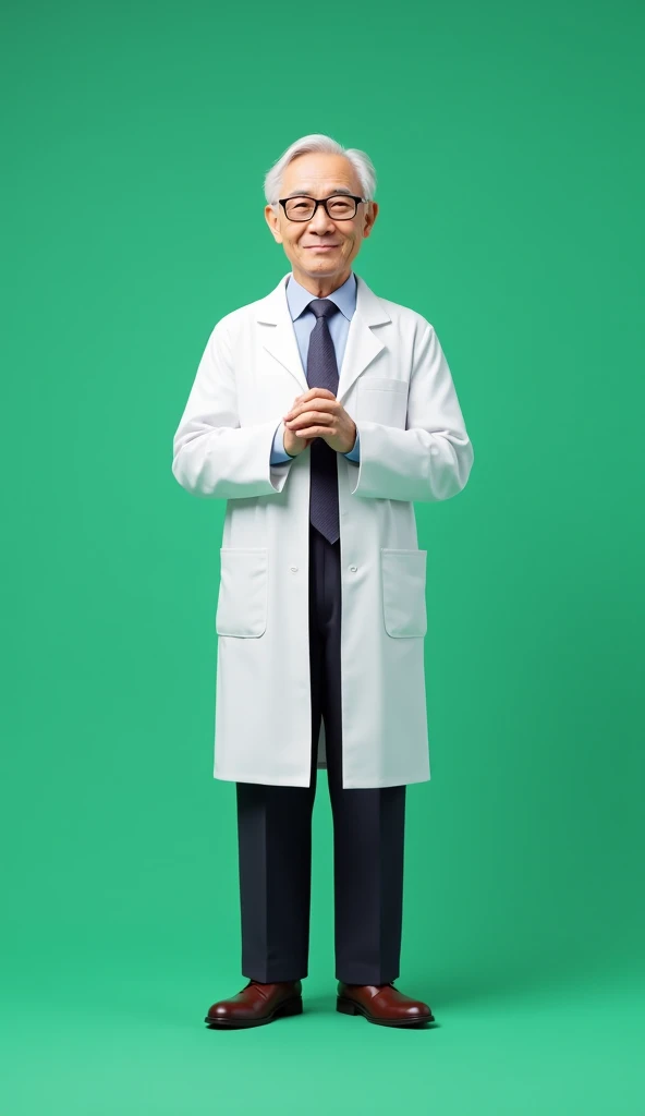 A Japanese doctor in his late 60s, wearing a white lab coat and glasses. He stands confidently with his hands clasped, showing a friendly yet authoritative demeanor. The background is a solid green, emphasizing a professional tone."