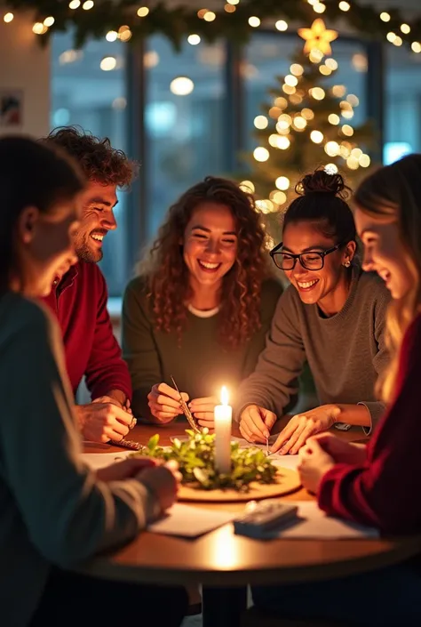 group of people gathered in a festive and Christmas work environment sharing moments and smiles.
Y A symbol of homage to ,  like a burning candle or a star ,  in memory of your deceased colleague .