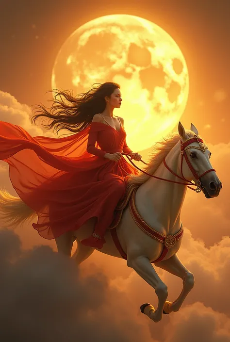 

Ushas ,  the radiant goddess of dawn ,  emerges from the dark riding her golden carriage .  Her white or red horses gallop across the sky ,  pulling her towards the new day .

Ushas  es una joven hermosa y vibrante.  Her skin shines with a golden shade o...