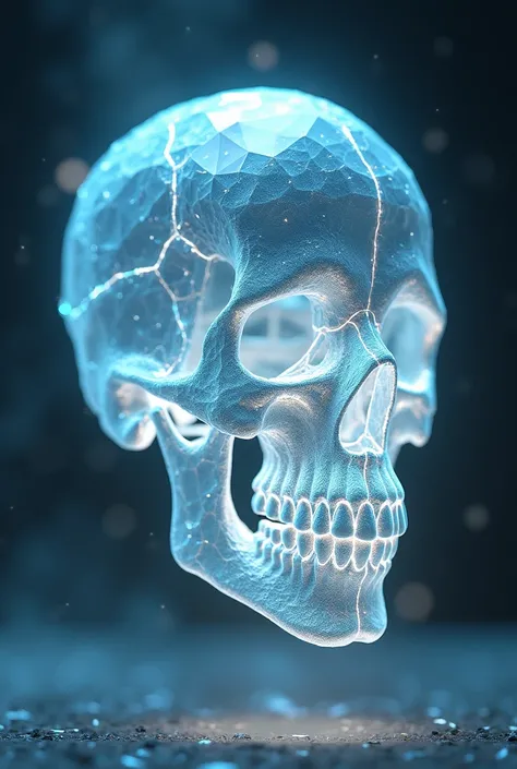 A radiant skeleton skull crafted from glowing diamond shards, with a translucent thoracic cage emitting a soft, warm light. 8k resolution, Octane render.
