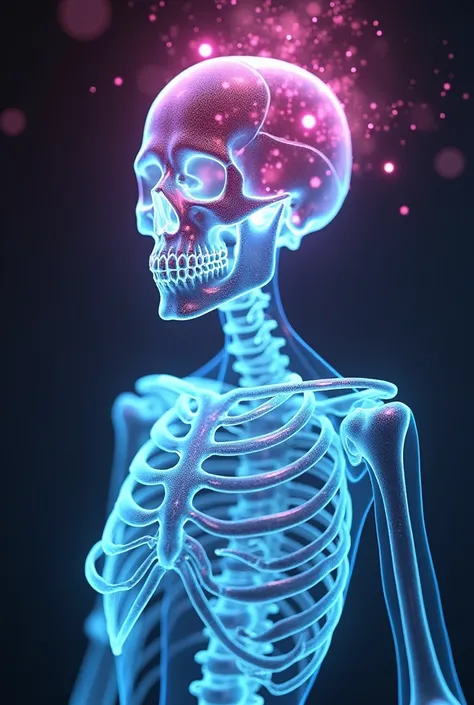 A futuristic holographic skeleton skull with a floating, glowing thoracic cage, surrounded by a neon aura that shifts in color. 8k resolution, Octane render.
