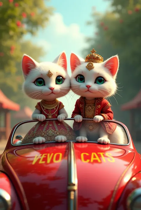 A beautiful  White cute cat women  with  blue eyes and wearing a beautiful indian bride dress, and A beautiful White cat man with green eyes wearing indian groom dress,
Both are sitting on the red car, all of members enjoying the moment 
behind his write "...