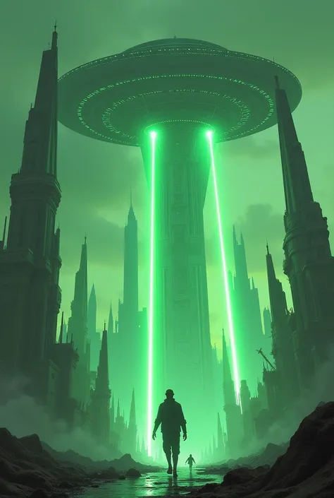 Alien city with ufo and crazy green laser beam even crazier with flying niggas