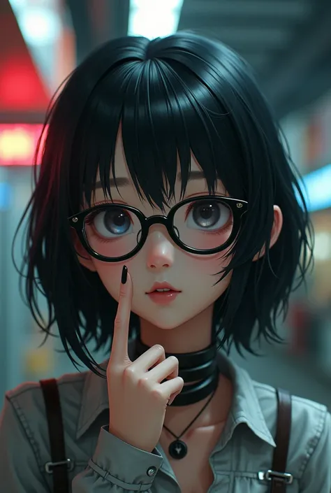 The girls exterior ， black hair，Wearing glasses， The head is the following is a high-tech mechanized body， Each part consists of mechanical parts ， Japanese male heads bangs ， with a shy expression facing the cameras cheek ， Head slightly tilted，Fingers Bi...