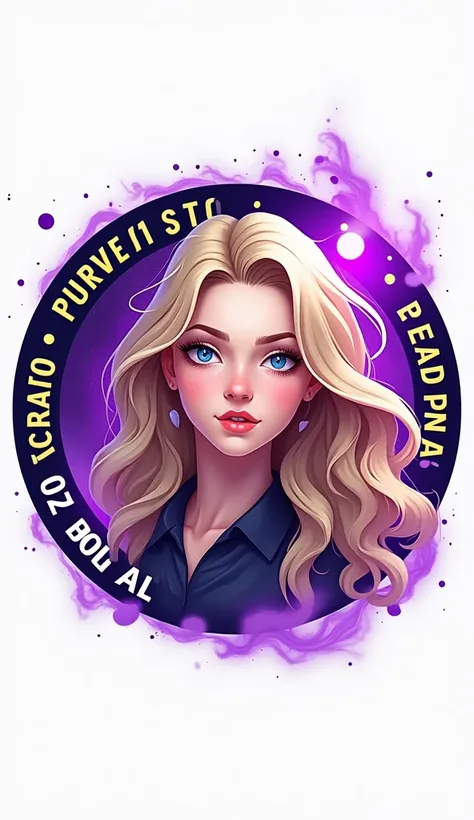 Create a round logo image for a store with a blond woman image blue eyes the Official , player theme with the power of purple 🟣 forming in the middle of the phrase player Musicas and yellow 🟡 and blue on the sides like this 
"🫸🔴 Player 🟣 oficial 🔵🫷"
 white...