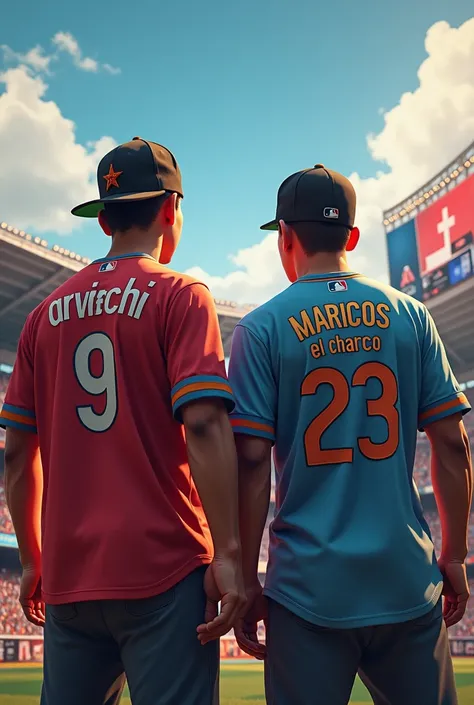  Two people in front ,  wearing baseball jerseys ... One that says  "Arivechi " and another " Mariscos El Charco "
 Who are in the background of a stadium and a music stage in the background 