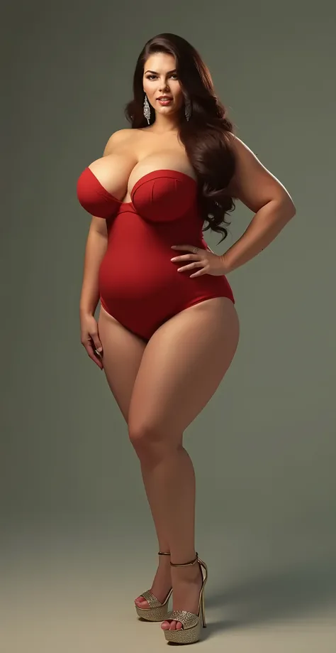 The full height of a girl with hourglass figure, standing, head to toe, sexy pose, voluptuous, giant natural breasts, enormous boobs, busty, cleavage, very tight retro funk clothes, high heels sandals, detailed toes, legs, wrist, skin, beautiful legs, long...