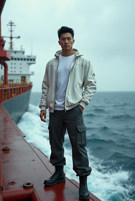  a handsome Korean man wearing a white jacket and t-shirt ,wearing long cargo pants and safety shoes standing right on the deck of the Pertamina oil tanker, which is navigating the Indonesian ocean, fierce ocean waves ,  look real and realistic  ,8K HD qua...