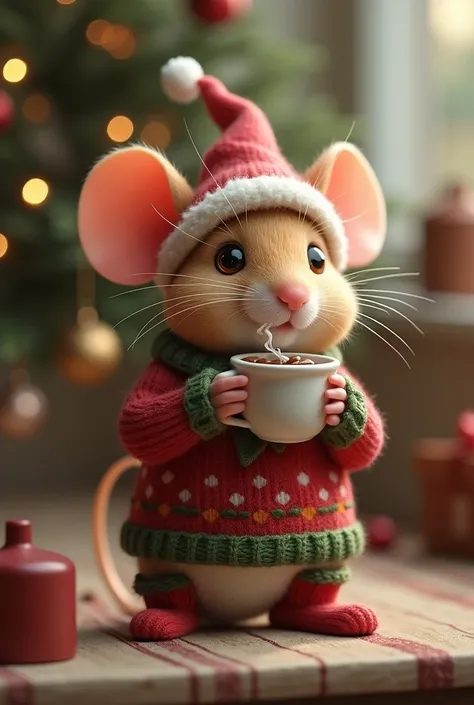 A little mouse dressed for Christmas drinking coffee 