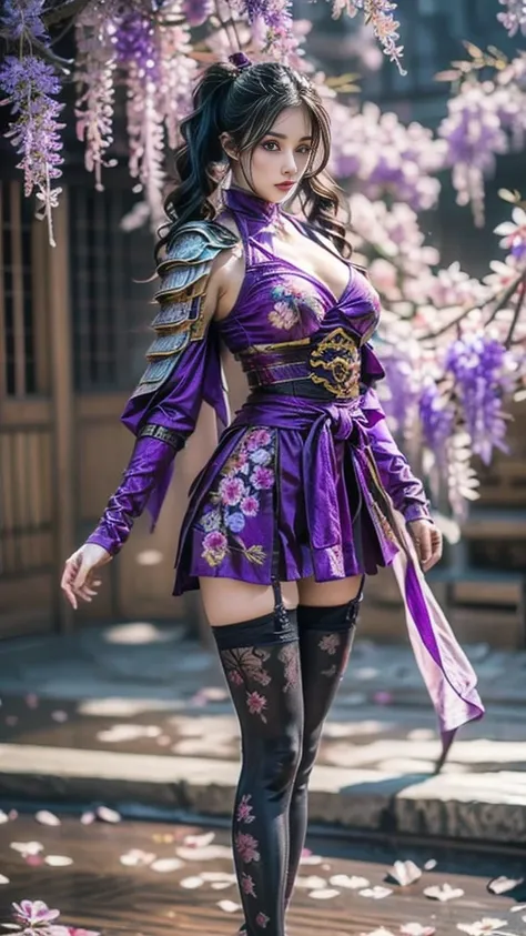  a sexy female character wearing armor as a warrior from the Sengoku period 、((twintails, spiral curls hair))、((onyx black hair))、((toned body))、(glistening skin)、 toned body、((mega breasts 1.8))、 plump breasts 、 plump thighs 、 Purple armor with wisteria p...