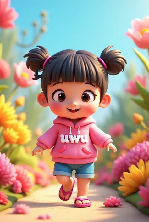 ((picture taken from the front))
The style is 3D animation with a Vibrant color palette, in 3 D animation image of a cute and adorable with her hair into two buns on top and bangs, wearing a pink sweater with "uwu" printed on the front with white color, bl...