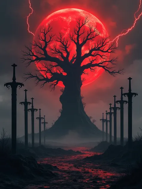 A huge black leafless tree holds a glowing red moon，There are 10 giant black swords inserted on the ground ，The dark world of horror，Burning earth， Black lightning breaks down from the sky