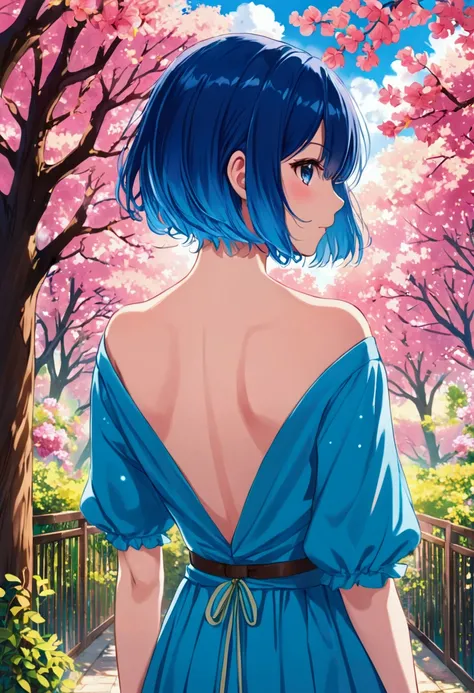 Back of an anime girl with short blue hair