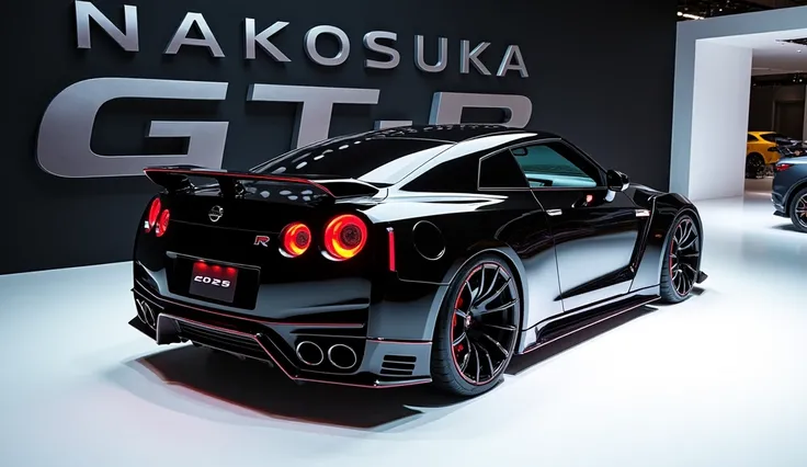 A captivating image of a 2025 model , taking center stage in a luxurious white showroom. The vibrant “Black” exterior gleams, accentuating the cars sleek, aerodynamic design and striking accents. The name "(Nissan Hakosuka GT-R)" is prominently displayed i...