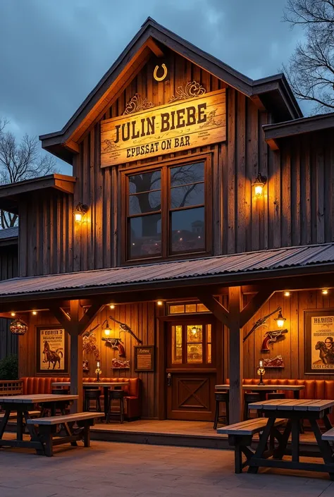 Exterior
Building Style: Rustic wooden structure with a saloon-style façade, swinging half-doors at the entrance, and a wraparound porch.
Signage: Large, hand-painted wooden sign with a horseshoe and lasso design. Neon accents for nighttime visibility.
Out...