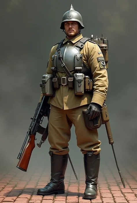  German soldier wearing breastplate. E Pointed helmet. Beige uniform . military boots. 20th century. RIFLE. Brick floor .  Flamethrower. 