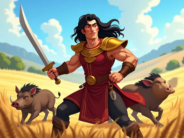 Here’s the revised English prompt based on your new request:  

"A Pixar-style digital illustration of Bijan, a 30-year-old Persian hero with long, wavy black hair cascading to his shoulders. He has fair skin, large, expressive eyes with a serious and thou...