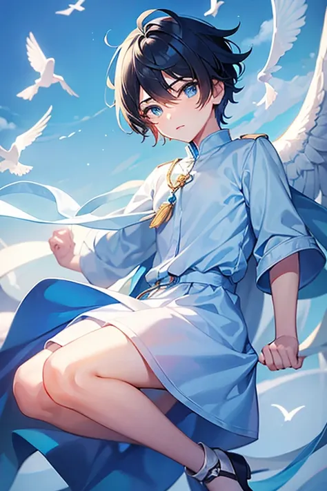 teenage boy in a white and blue tunic on flying bird silhouette, (beautiful eyes), (soft+cute), ((best quality)), ((masterpiece))