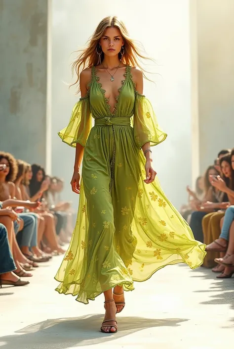 Female sketch parading on the runway wearing flowing olive green dress with pastel yellow leaf prints boho chic 70s