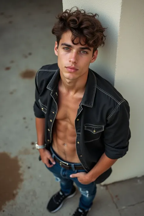 handsome man,  teenager, Hair, eyes, nose, boca, Ears, neck, pectoral, ARMS, hands, abdomen, legs, feet, random clothes , random accessories, random shoes , Random position,  in a random place, Photo,  random angle 