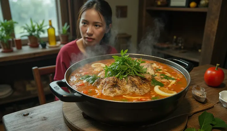 A young Thai woman wants to eat tom yam with big snakehead fish. ในหม้อต้มใบใหญ่