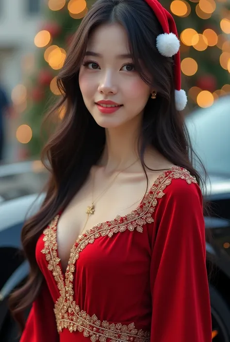 (photorealism:1.2), beautiful woman wearing a christmas costume outfit, korean looks long hair, with a luxury car, with named pam 


no cleavage outfit

CHRISTMAS OUTFIT