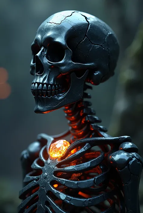 A shattered, glowing obsidian skeleton skull, with a detailed diamond-encrusted thoracic cage, set against a dim, shadowy background. 8k resolution, Octane render.
