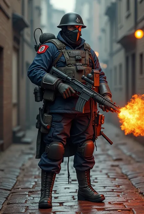  German soldier wearing breastplate. E Pointed helmet.  Blue uniform with red details. military boots. 20th century. RIFLE. Brick floor . Flamethrower. Fire only protection mask . 
