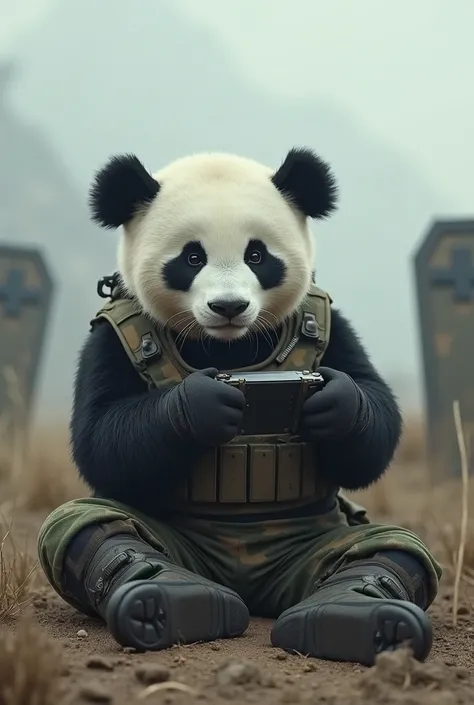 Image dun panda en tenue tactique, jouant sur une console portable avec un fond en désolation  avec deux cercueils au fond plus petite les tombes