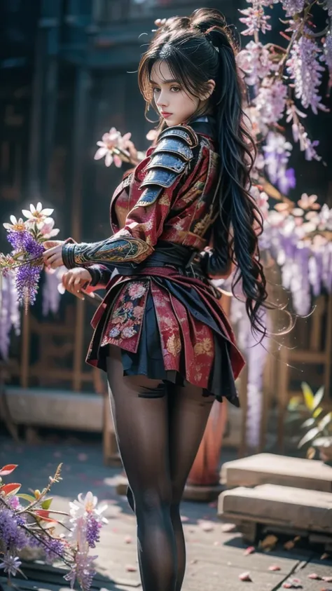  a sexy female character wearing armor as a warrior from the Sengoku period 、((twintails, spiral curls hair))、((onyx black hair))、((toned body))、(glistening skin)、 toned body、((mega breasts 1.8))、 plump breasts 、 plump thighs 、 Purple armor with wisteria p...