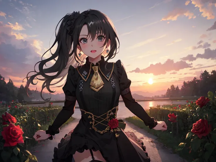 Solo, 1 Female, (Human Ears, Earrings), (Black Hair, Side Tail), (Flying Knee Attack), (Anime Face, Young Face, Ahegao), (Hair Accessories), (Pitch Black See-Through Dress, Pitch Black Ruffles, Pitch Black High Waist, Garter Belt, Stockings), (Red Rose Gar...