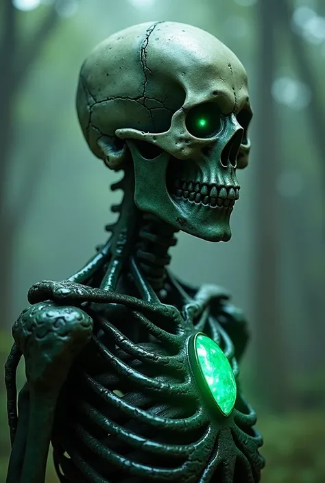 A skeletal skull with embedded emerald gemstones, and a thoracic cage crafted from polished black obsidian, surrounded by an ambient mist. 8k resolution, Octane render.
