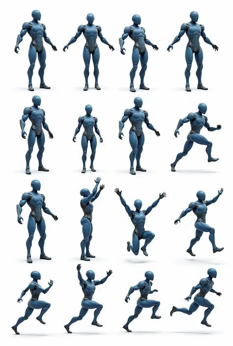 Un personaje futurist con armadura azul y gris acero, heroic design, shown in several different poses. Character should have a fully assembled head, con un casco futurist de diseño único, no human features, completely non-human, with metallic details and t...