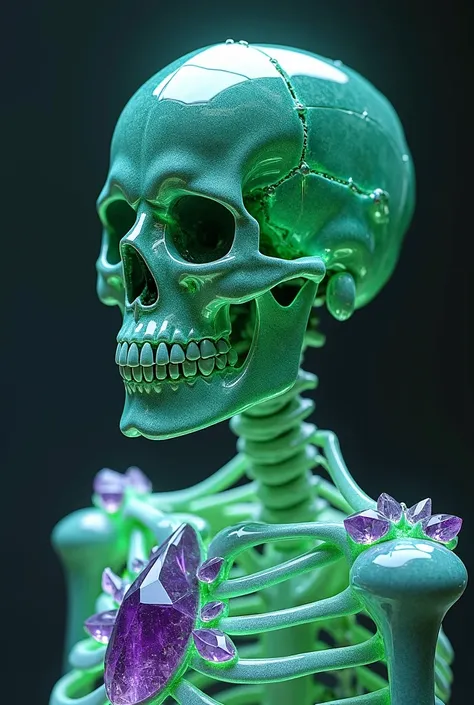 A rare gem skeleton skull, made of radiant emerald with deep purple amethyst accents, accompanied by a thoracic cage of crystal shards, glowing faintly. 8k resolution, Octane render.
